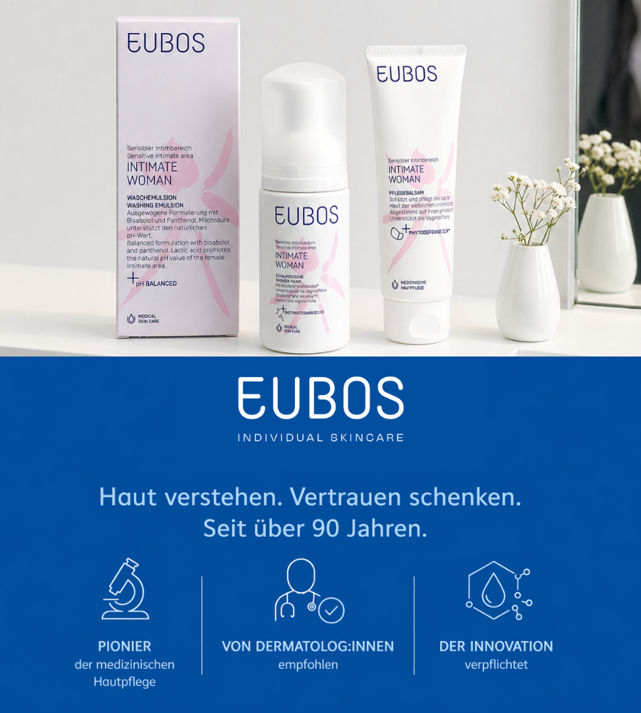 EUBOS Produkte: Waschgel, Schaumdusche, Pflegecreme. Text: Haut verstehen. Vertrauen schenken.